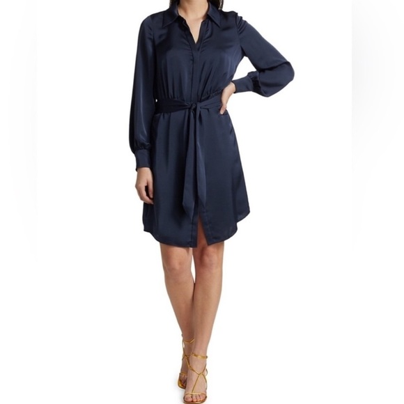 Ramy Brook Dresses & Skirts - Ramy Brook Bordeaux Red Belted Long Sleeve Satin Shirt Dress